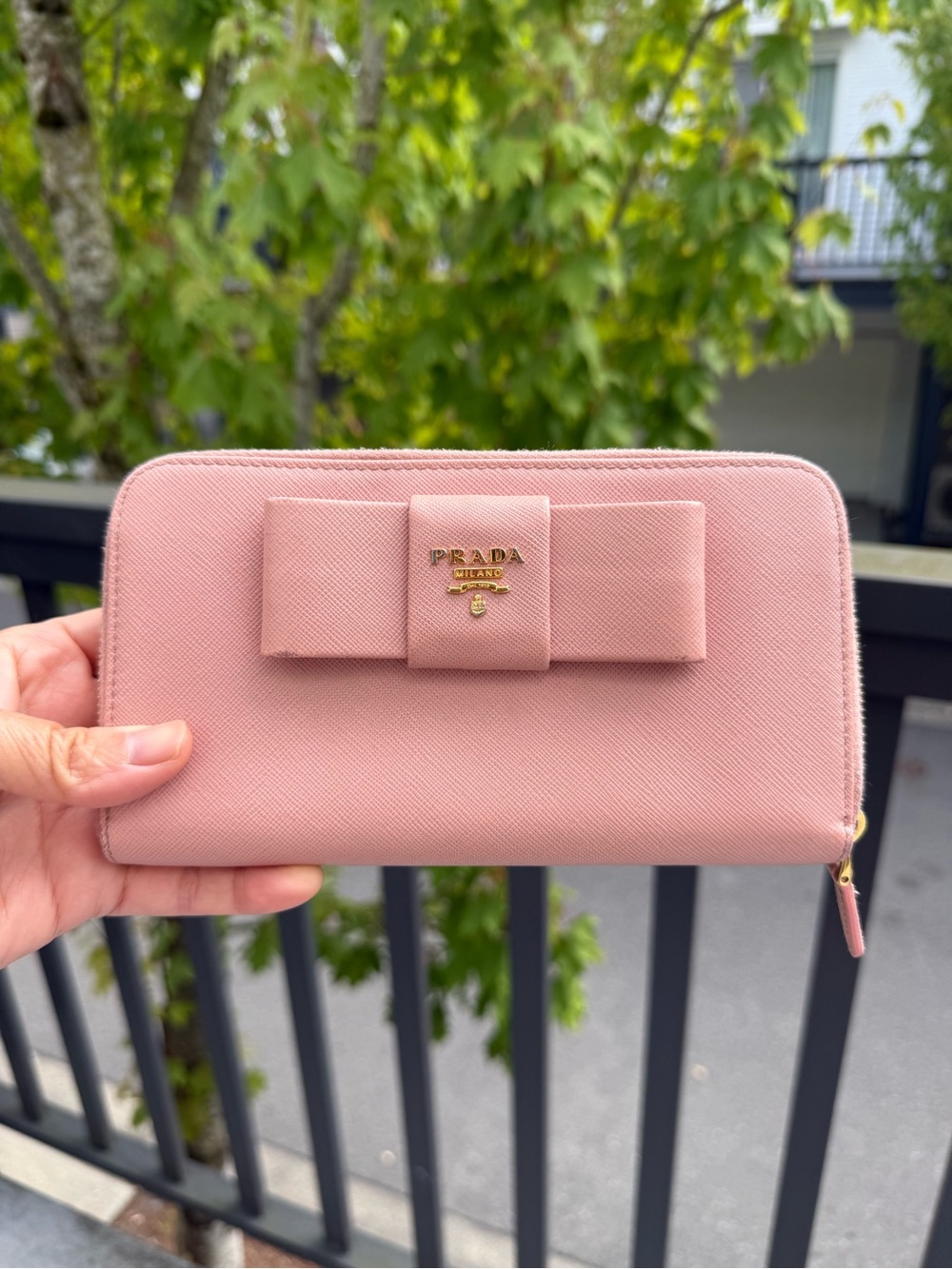 Authentic Prada Rose Pink Saffiano Leather Bow Wallet